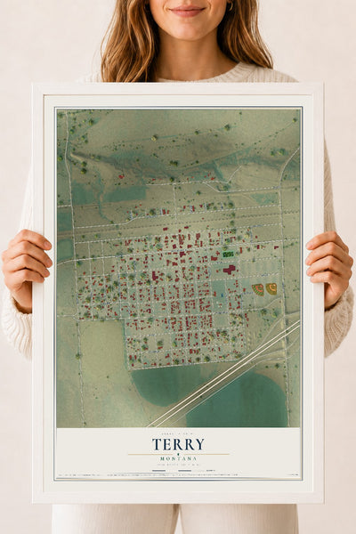 Map of Terry, Montana, 18 x 24 inch print in a white wood frame