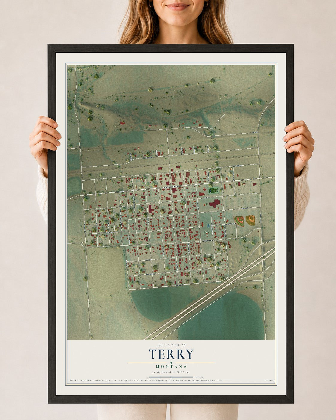 Map of Terry, Montana, 24 x 36 inch print in a black wood frame