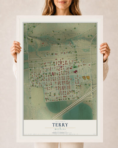 Map of Terry, Montana, 24 x 36 inch print in a white wood frame