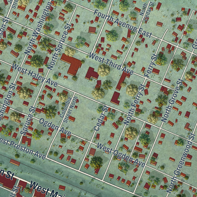 Close-up of the map of Thompson Falls, Montana print showing street and building detail