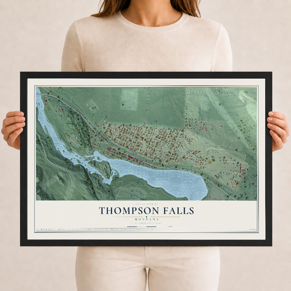 Map of Thompson Falls, Montana, 12 x 18 inch print in a black wood frame