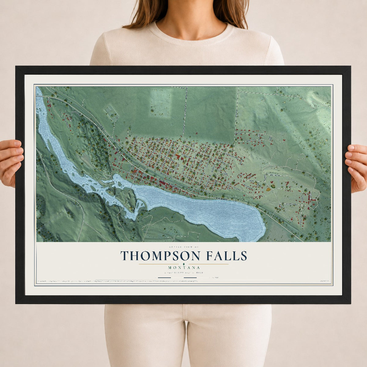 Map of Thompson Falls, Montana, 18 x 24 inch print in a black wood frame