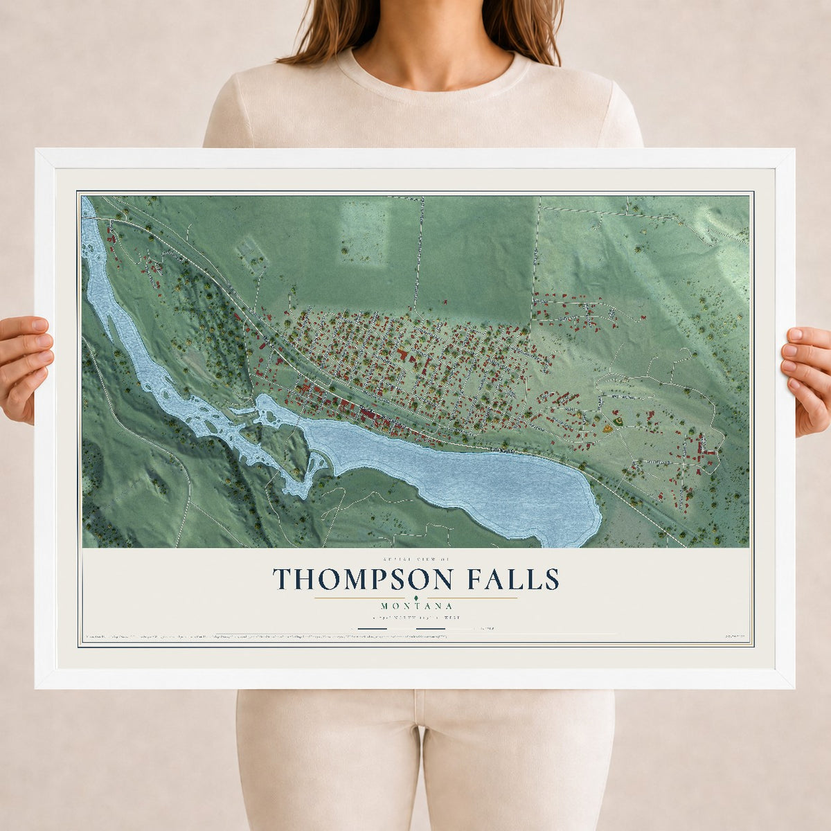 Map of Thompson Falls, Montana, 18 x 24 inch print in a white wood frame