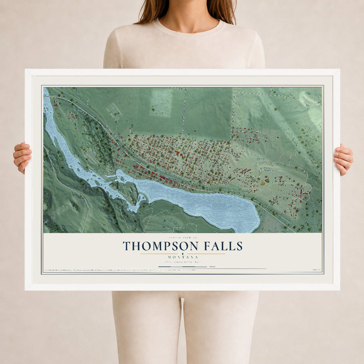 Map of Thompson Falls, Montana, 24 x 36 inch print in a white wood frame