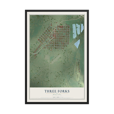 Map of Three Forks, Montana, 12 x 18 inch print in a black wood frame