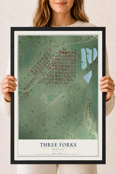 Map of Three Forks, Montana, 18 x 24 inch print in a black wood frame