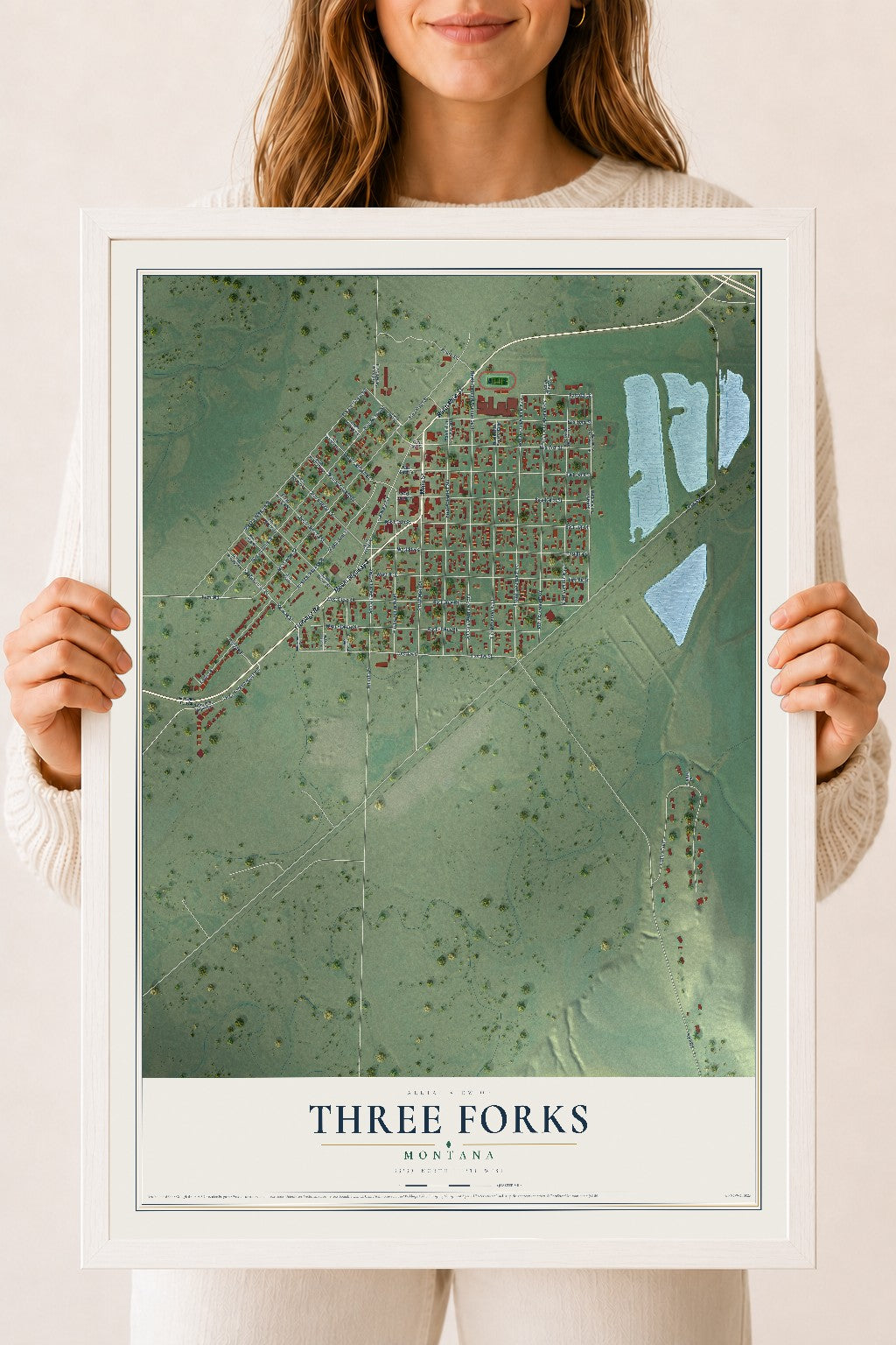 Map of Three Forks, Montana, 18 x 24 inch print in a white wood frame