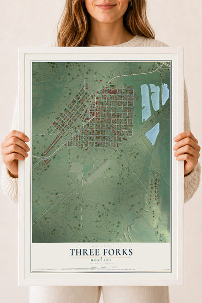 Map of Three Forks, Montana, 18 x 24 inch print in a white wood frame
