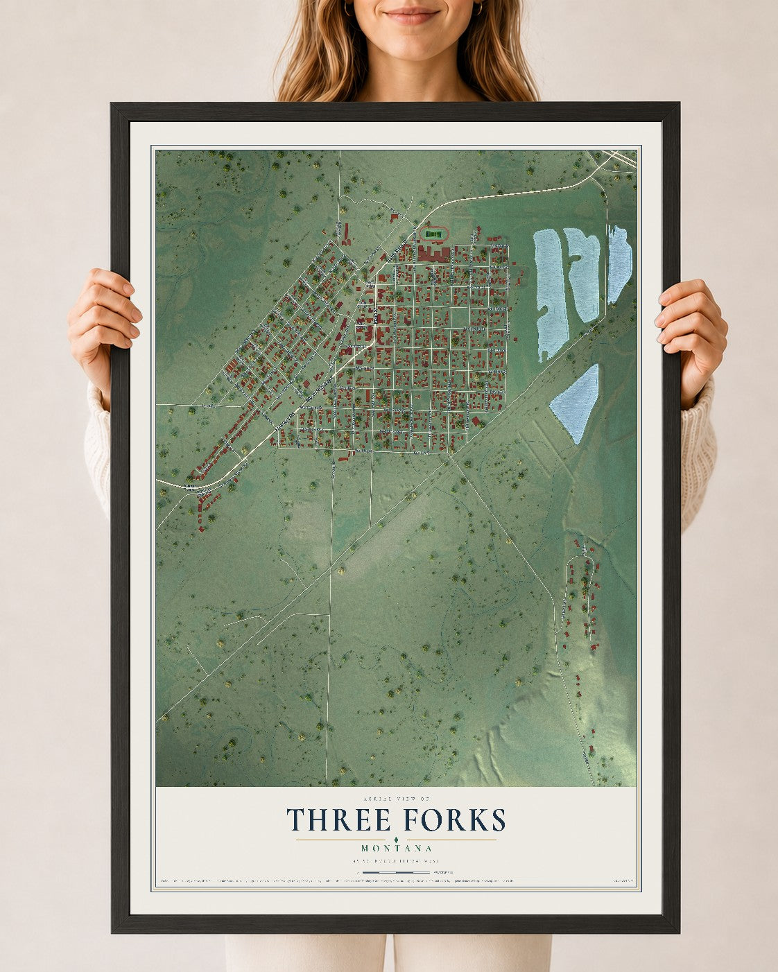 Map of Three Forks, Montana, 24 x 36 inch print in a black wood frame