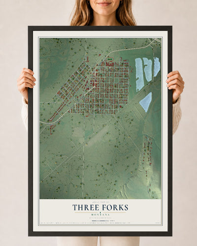 Map of Three Forks, Montana, 24 x 36 inch print in a black wood frame