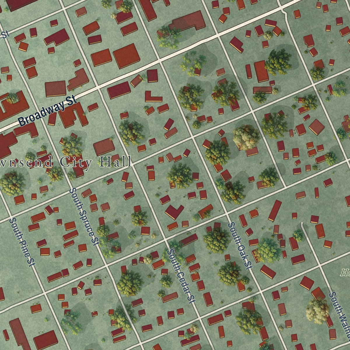 Close-up of the map of Townsend, Montana print showing street and building detail