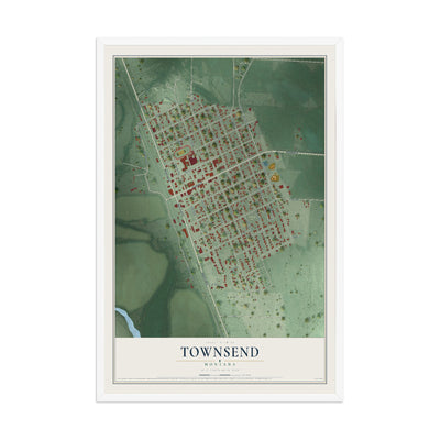 Map of Townsend, Montana, 12 x 18 inch print in a white wood frame