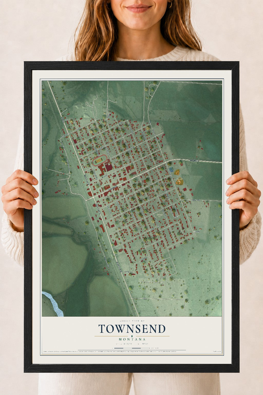 Map of Townsend, Montana, 18 x 24 inch print in a black wood frame
