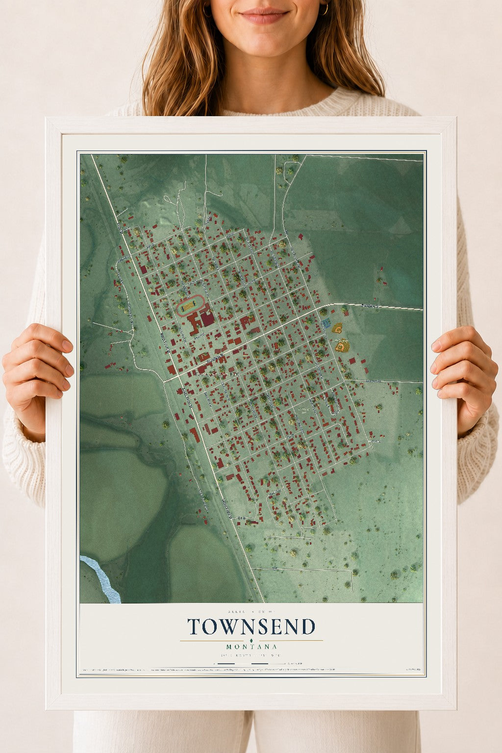 Map of Townsend, Montana, 18 x 24 inch print in a white wood frame