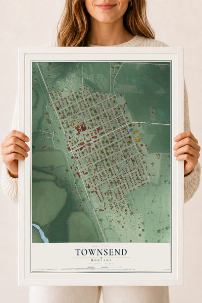Map of Townsend, Montana, 18 x 24 inch print in a white wood frame