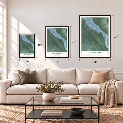 Trout Creek, Montana map in 12 x 18, 18 x 24 and 24 x 36 inch sizes above a sofa