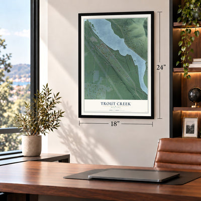 Trout Creek, Montana map, 18 x 24 inch print in a black frame in a home office