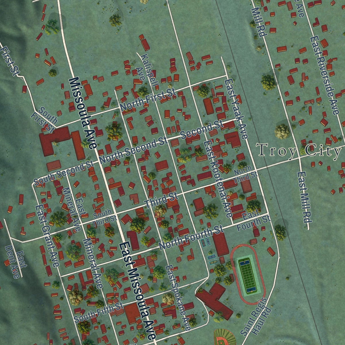 Close-up of the map of Troy, Montana print showing street and building detail