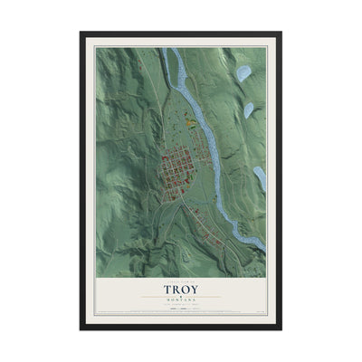 Map of Troy, Montana, 12 x 18 inch print in a black wood frame