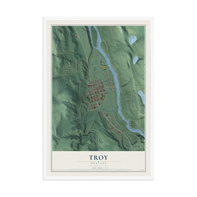 Map of Troy, Montana, 12 x 18 inch print in a white wood frame