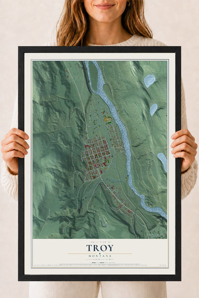 Map of Troy, Montana, 18 x 24 inch print in a black wood frame