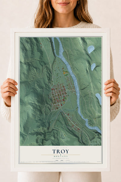 Map of Troy, Montana, 18 x 24 inch print in a white wood frame