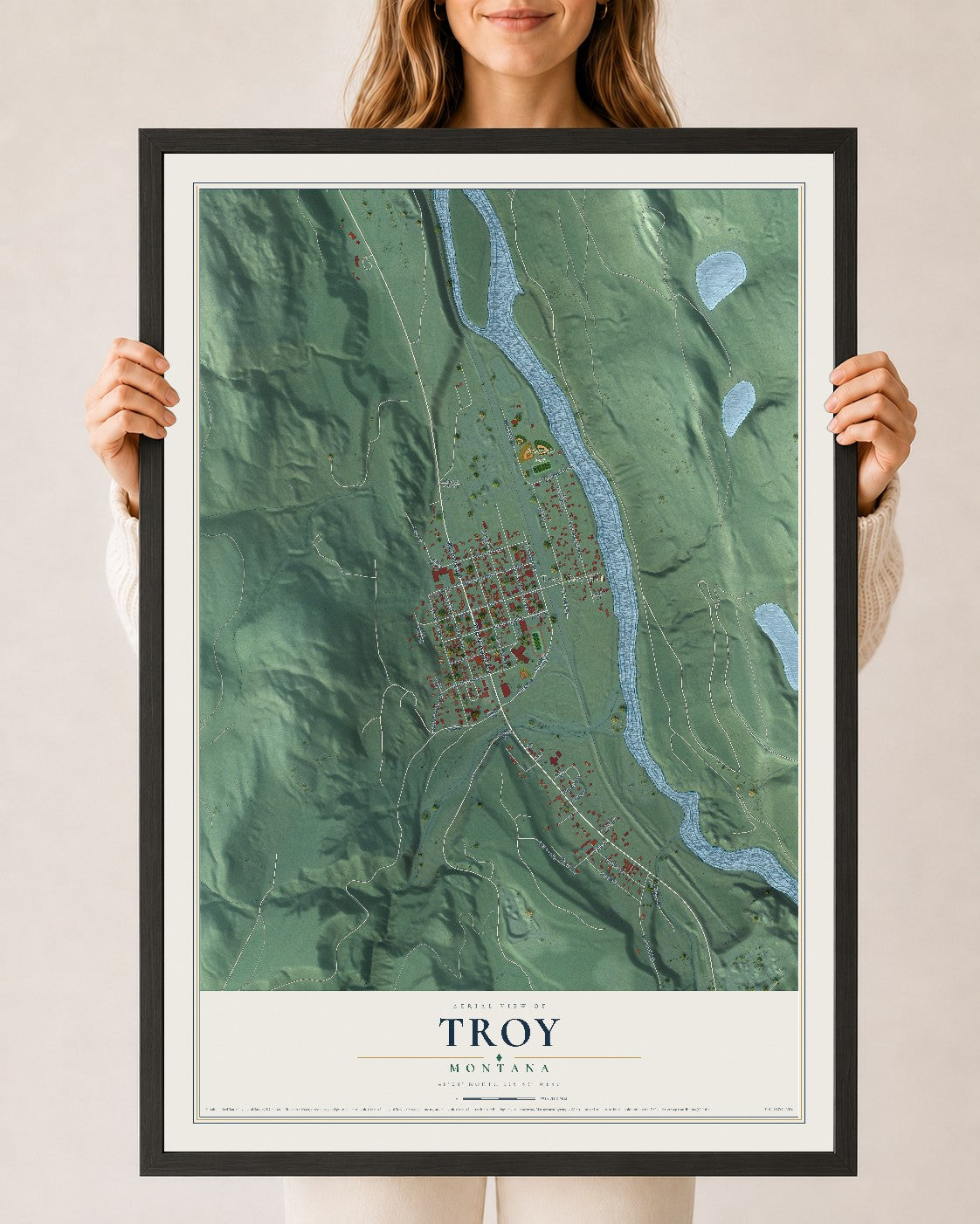 Map of Troy, Montana, 24 x 36 inch print in a black wood frame