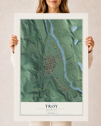 Map of Troy, Montana, 24 x 36 inch print in a white wood frame