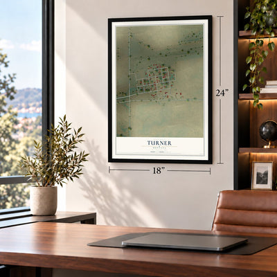Turner, Montana map, 18 x 24 inch print in a black frame in a home office