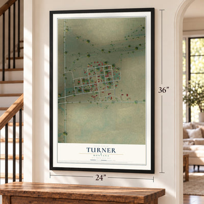 Turner, Montana map, 24 x 36 inch print in a black frame by a staircase