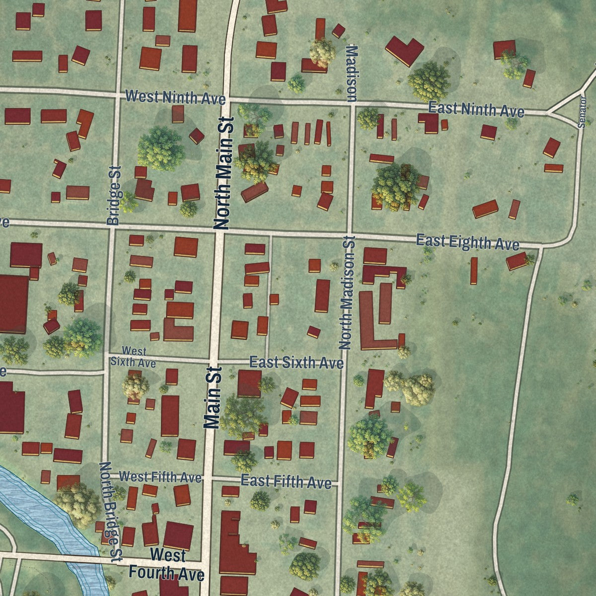 Close-up of the map of Twin Bridges, Montana print showing street and building detail