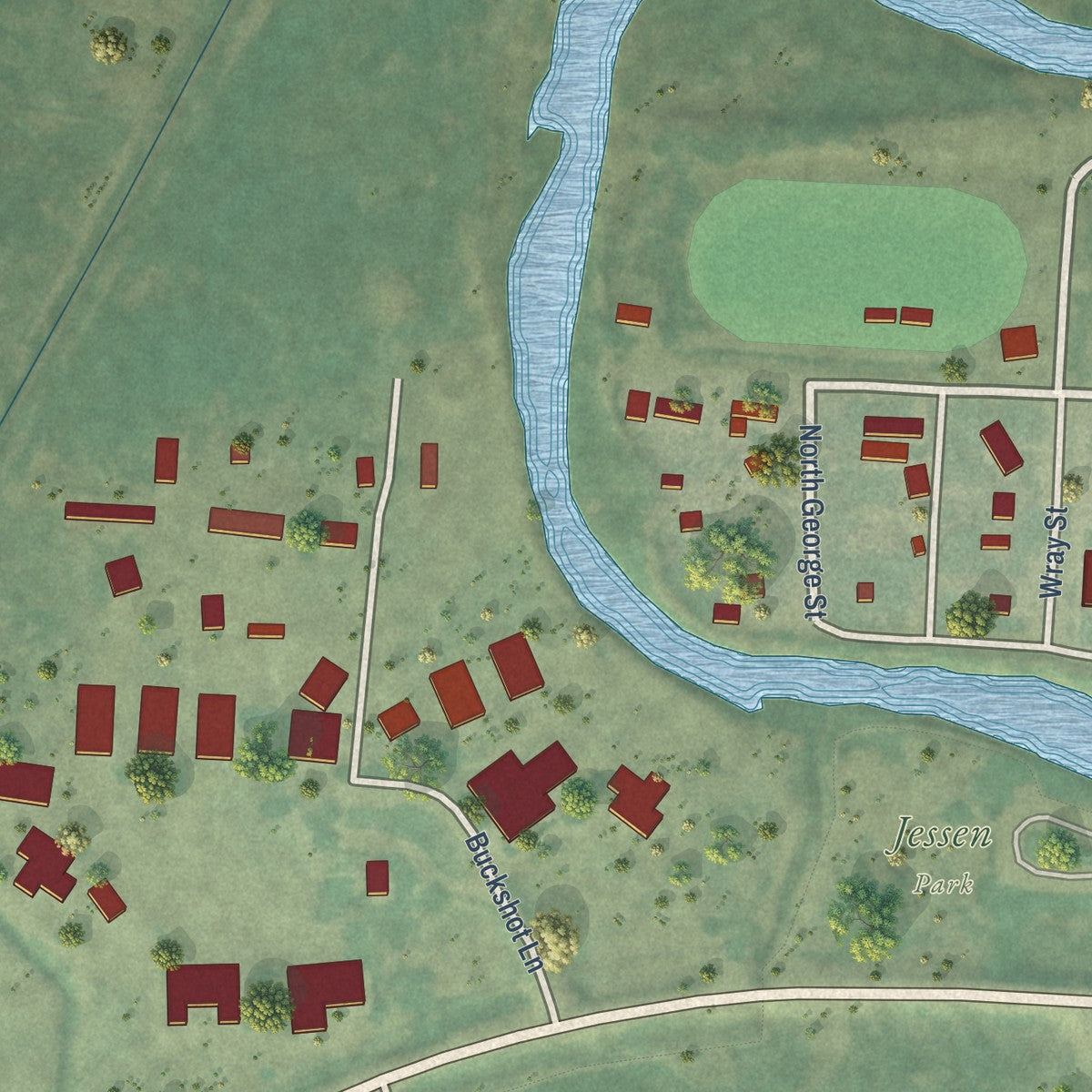 Second close-up of the map of Twin Bridges, Montana print showing more streets and buildings