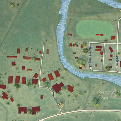 Second close-up of the map of Twin Bridges, Montana print showing more streets and buildings