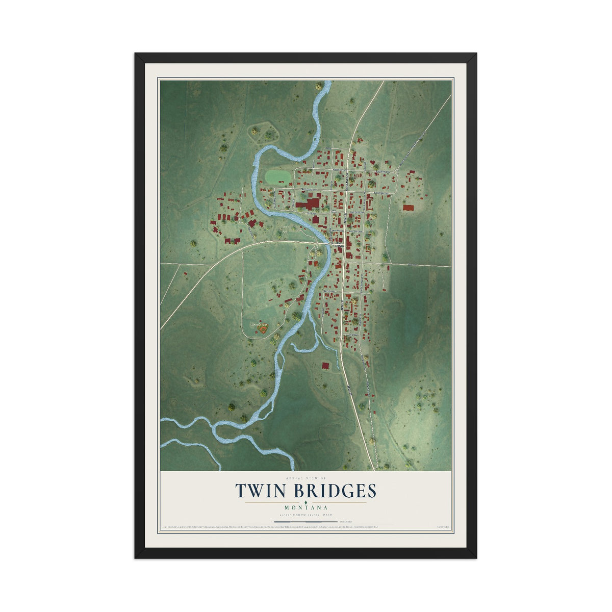 Map of Twin Bridges, Montana, 12 x 18 inch print in a black wood frame