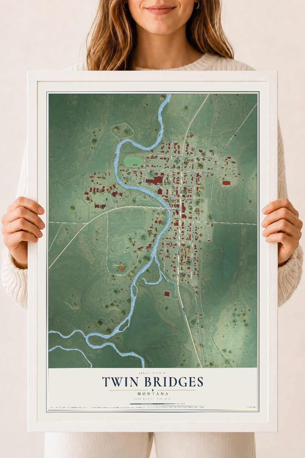 Map of Twin Bridges, Montana, 18 x 24 inch print in a white wood frame
