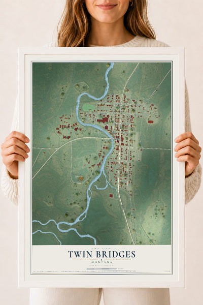 Map of Twin Bridges, Montana, 18 x 24 inch print in a white wood frame