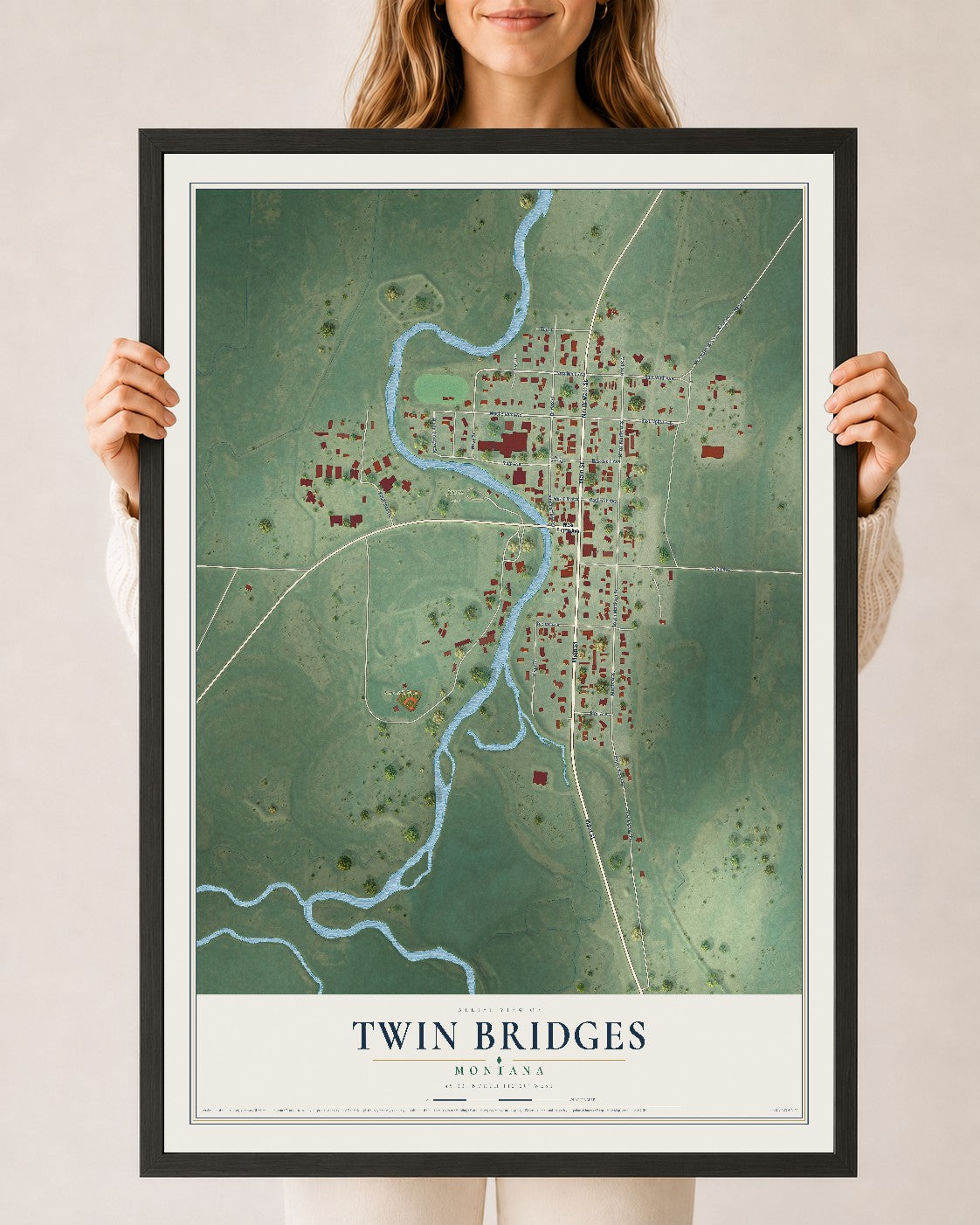 Map of Twin Bridges, Montana, 24 x 36 inch print in a black wood frame
