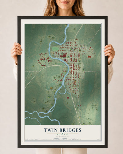 Map of Twin Bridges, Montana, 24 x 36 inch print in a black wood frame
