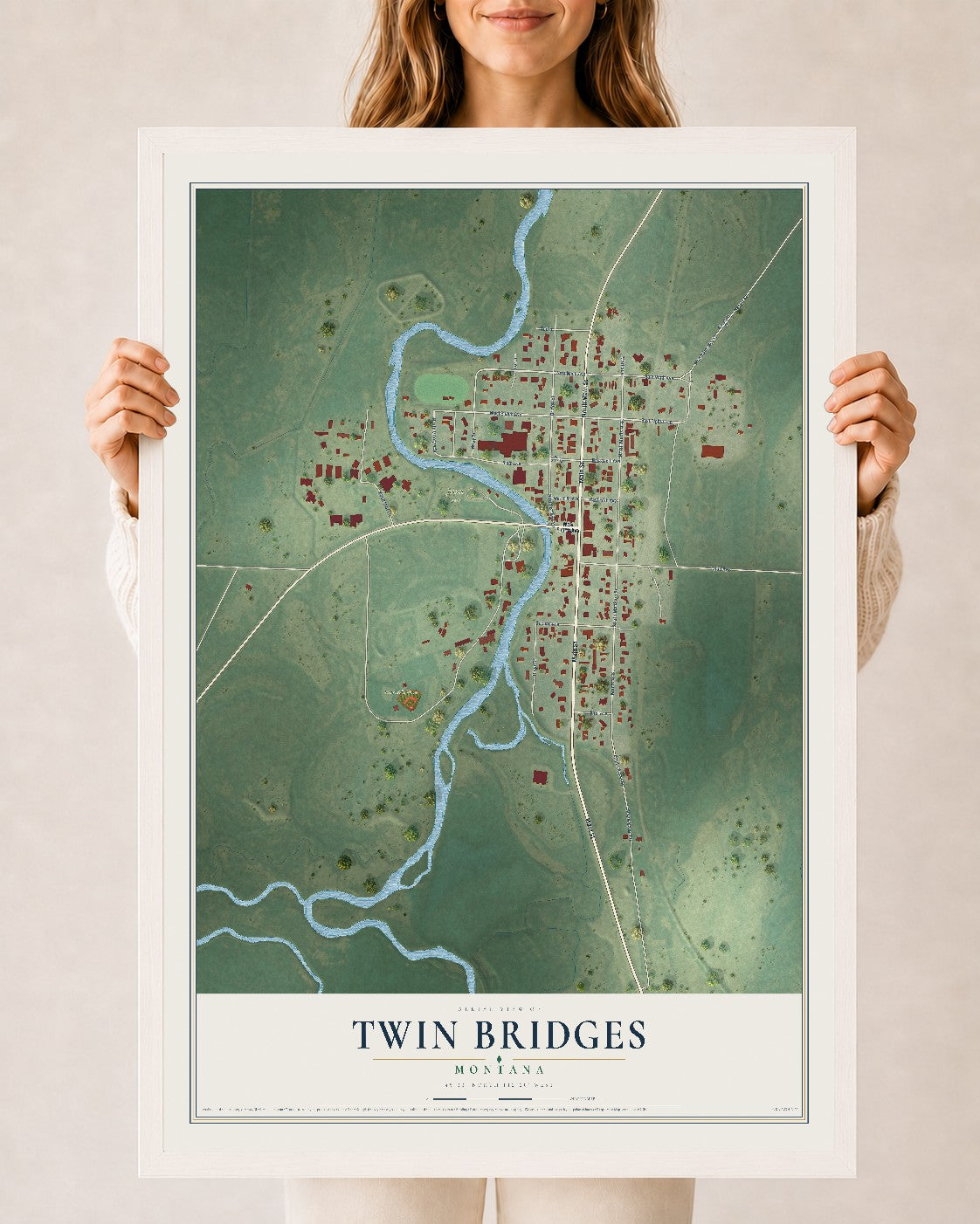 Map of Twin Bridges, Montana, 24 x 36 inch print in a white wood frame