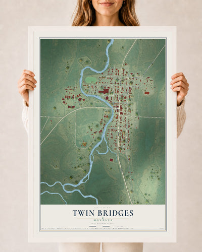 Map of Twin Bridges, Montana, 24 x 36 inch print in a white wood frame