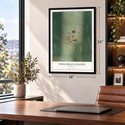 Twin Hills Colony, Montana map, 18 x 24 inch print in a black frame in a home office