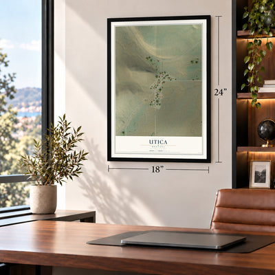 Utica, Montana map, 18 x 24 inch print in a black frame in a home office