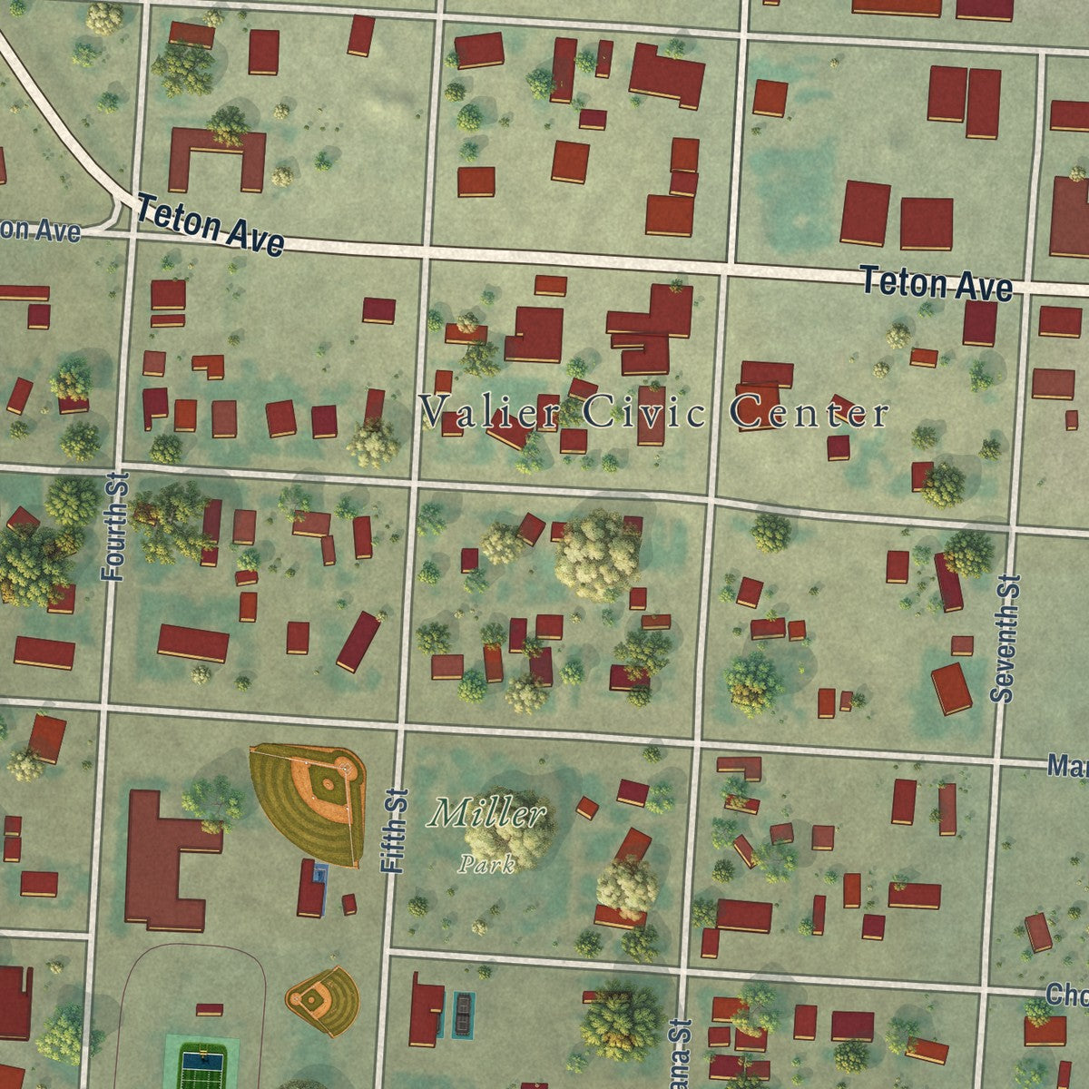 Close-up of the map of Valier, Montana print showing street and building detail