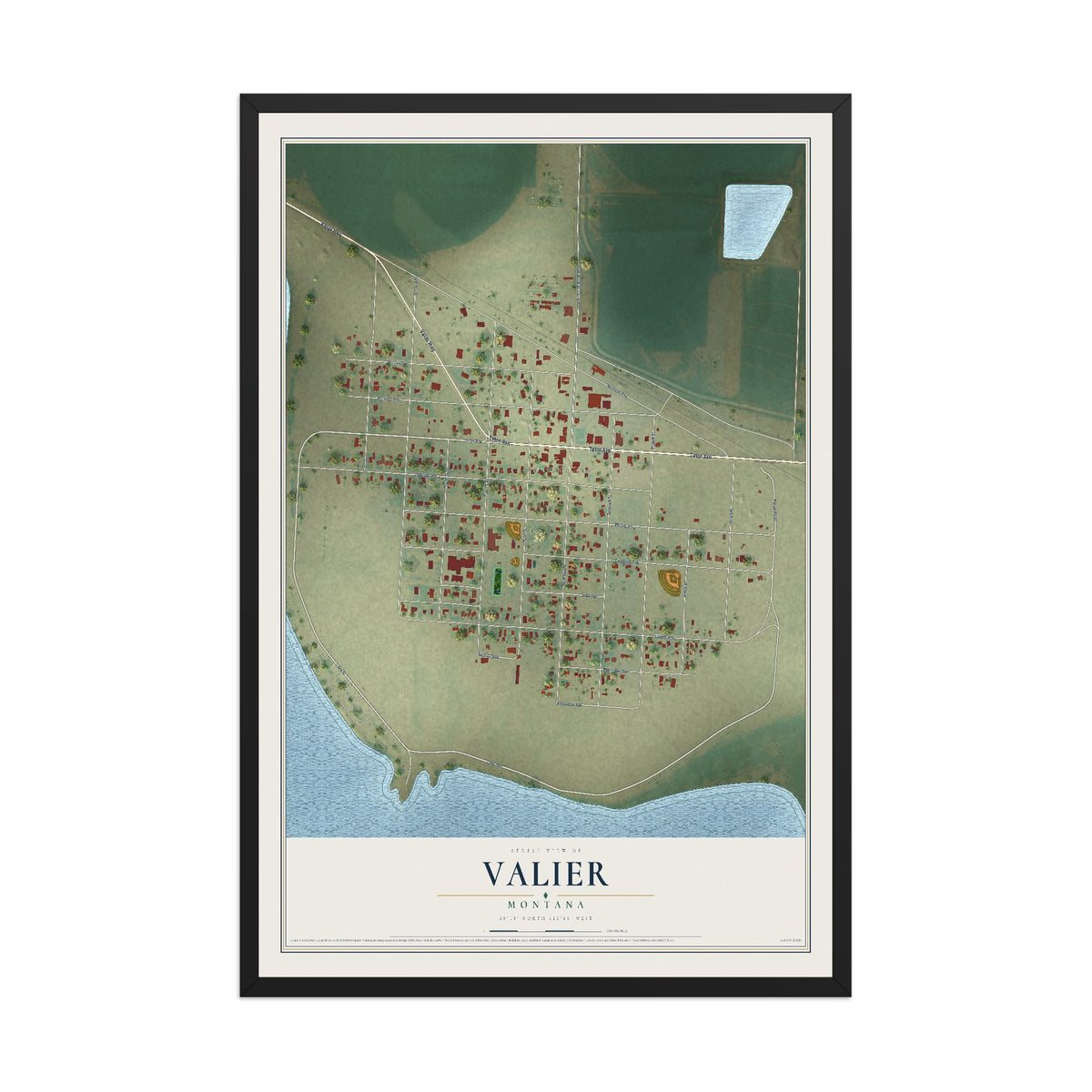 Map of Valier, Montana, 12 x 18 inch print in a black wood frame