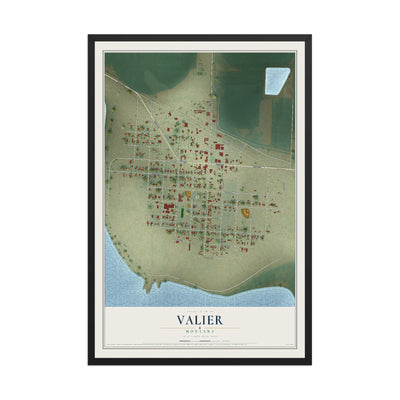 Map of Valier, Montana, 12 x 18 inch print in a black wood frame