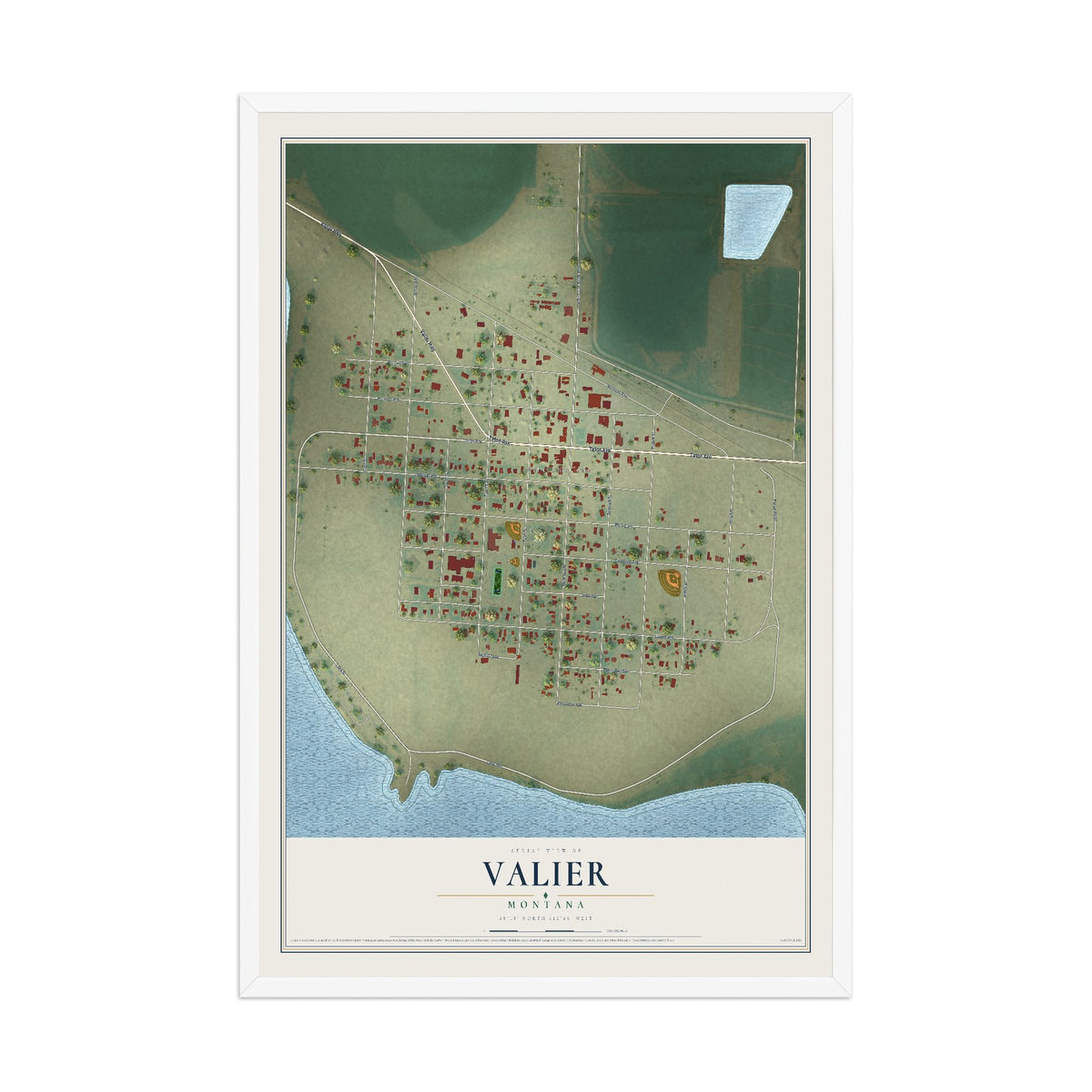 Map of Valier, Montana, 12 x 18 inch print in a white wood frame
