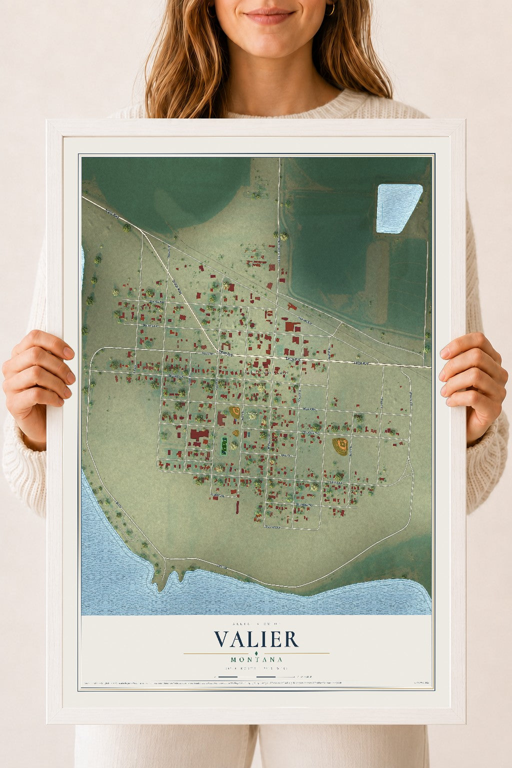 Map of Valier, Montana, 18 x 24 inch print in a white wood frame