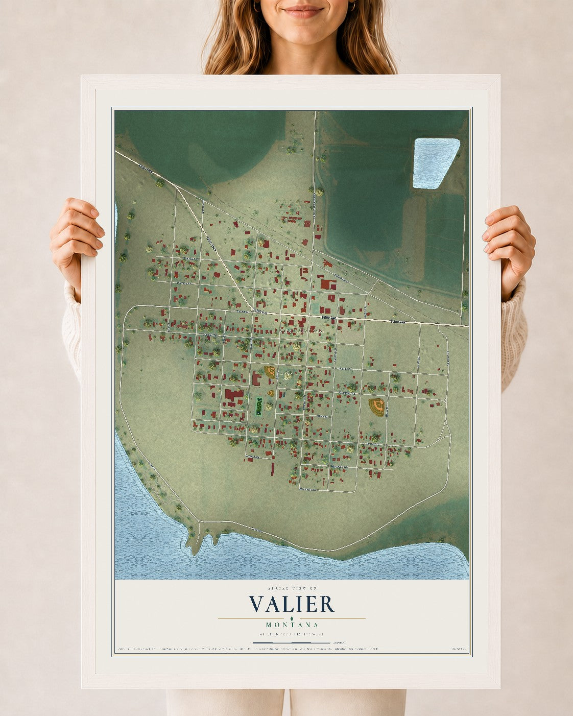 Map of Valier, Montana, 24 x 36 inch print in a white wood frame