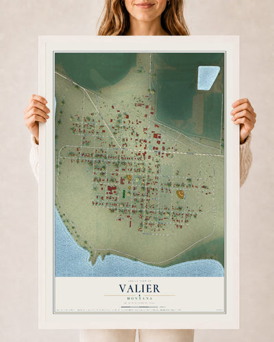 Map of Valier, Montana, 24 x 36 inch print in a white wood frame