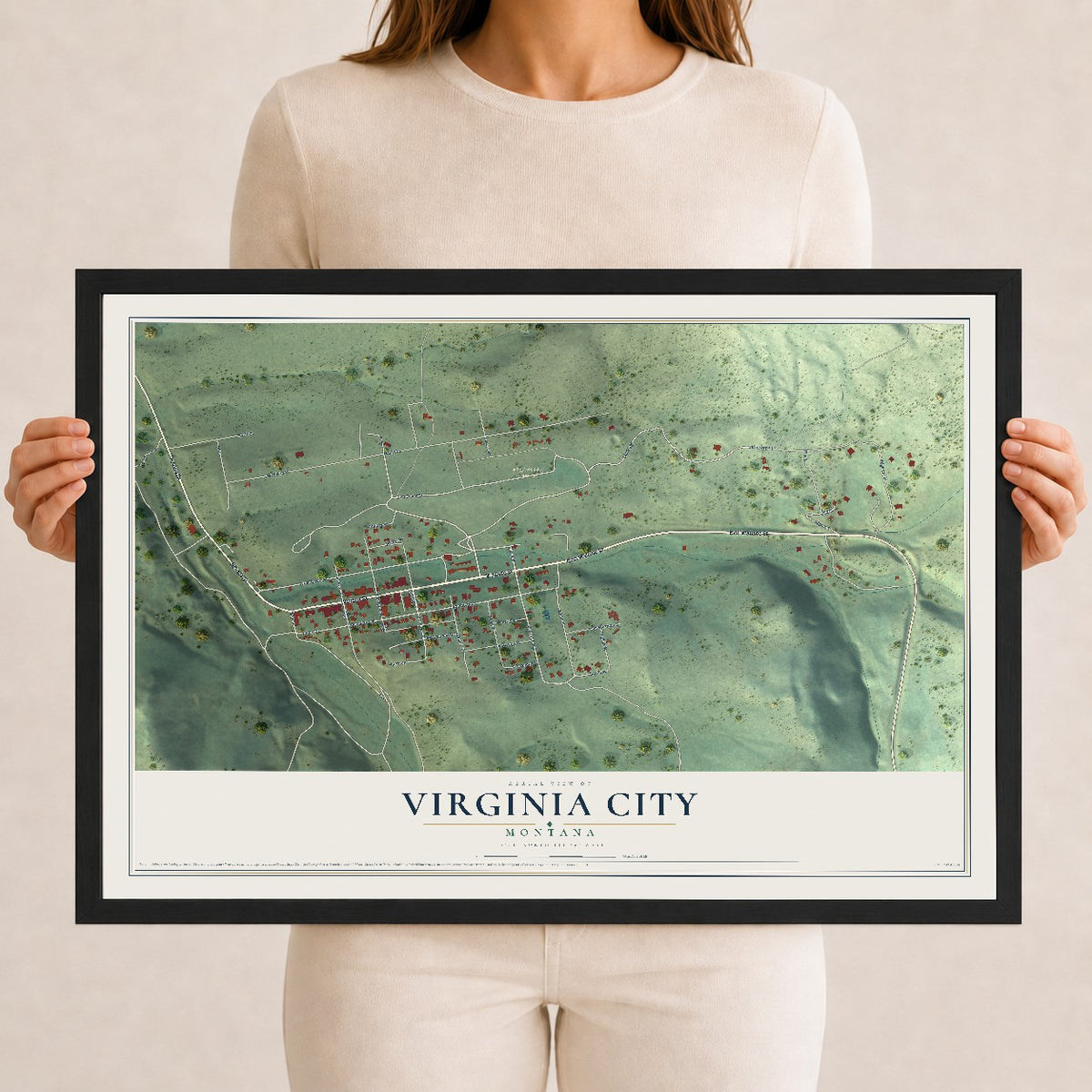 Map of Virginia City, Montana, 12 x 18 inch print in a black wood frame